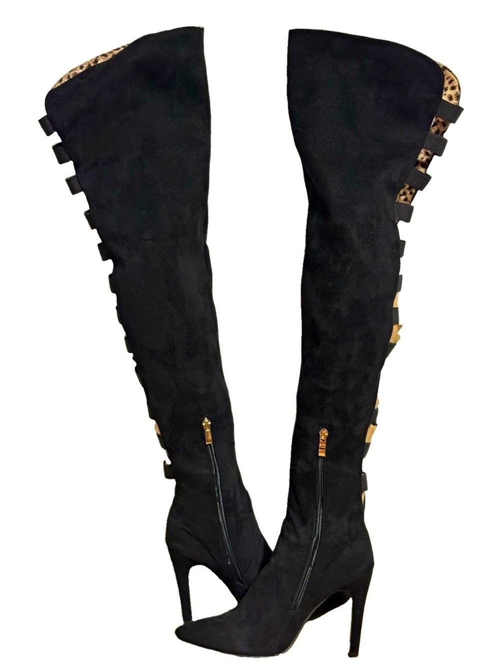 Black Thigh High Stiletto Boots Leopard Cuff Open Back Size 8